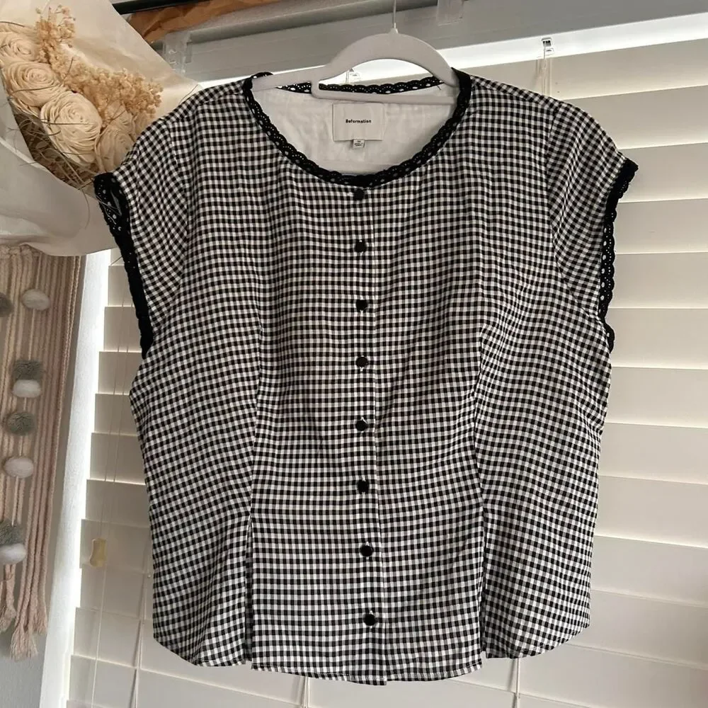 Reformation Valletta remy gingham lace top & skirt set | size 12 nwot - Picture 4 of 7